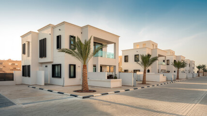 Fototapeta premium A row of white houses with a palm tree in front of one of them. The houses are all identical and are situated in a residential area