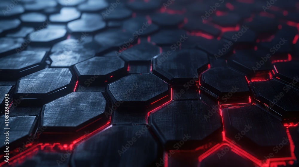 Aufkleber dark metallic hexagon pattern with glowing red lines on a futuristic surface, perfect for background