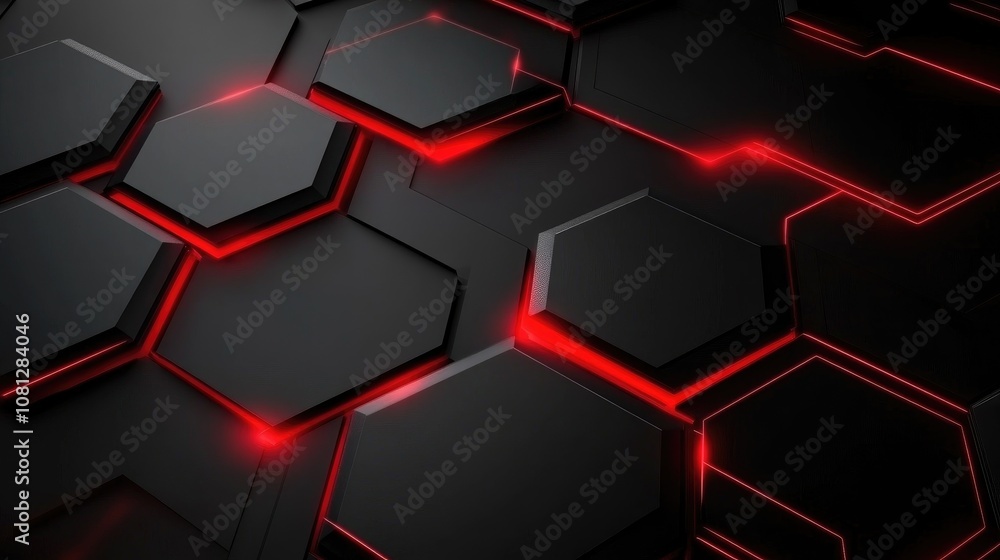 Poster abstract hexagonal pattern with glowing red lines on a dark background, suitable for technology them