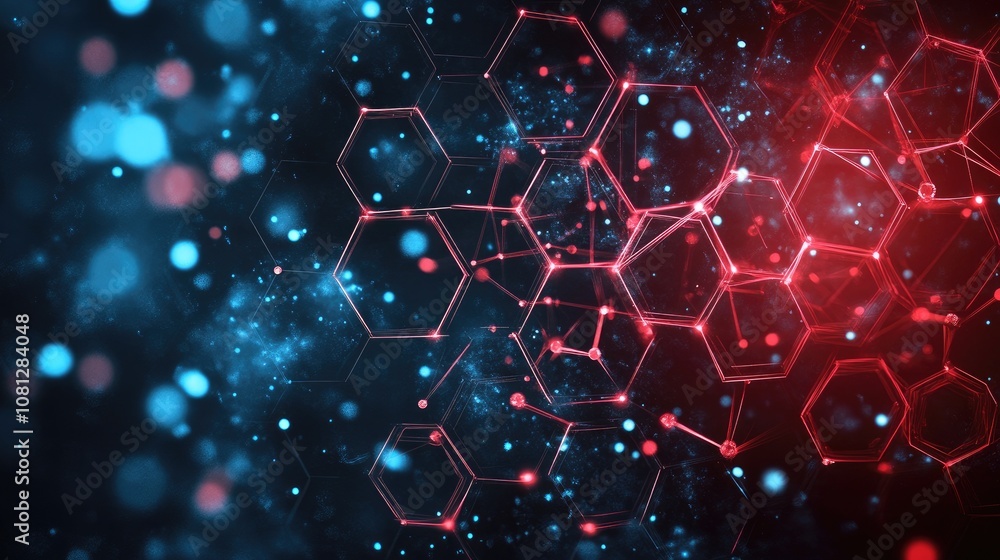 Poster abstract digital background featuring red and blue geometric shapes with hexagonal structure represe