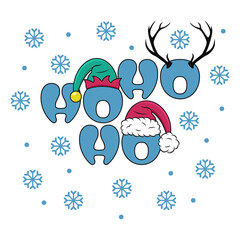 Christmas "HO HO HO" design with santa hat, elf hat, deer antlers and snowflakes with transparent background