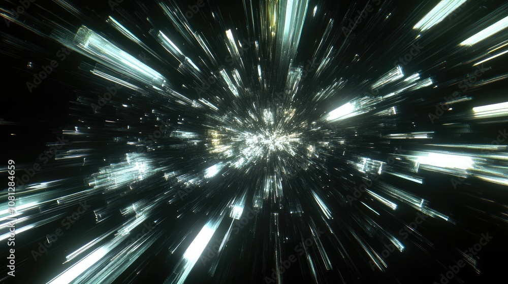 Poster dynamic burst of light particles creating a vivid visual experience in a dark space, representing mo