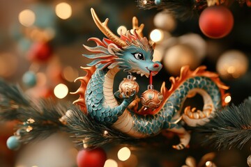 Fototapeta premium A blue and gold dragon ornament hangs on a Christmas tree with red and gold ornaments.