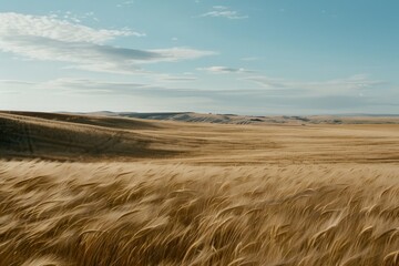 Fototapeta premium Golden fields of wheat sway under a vast blue sky, capturing nature's vastness and quiet beauty in a moment of rural serenity.