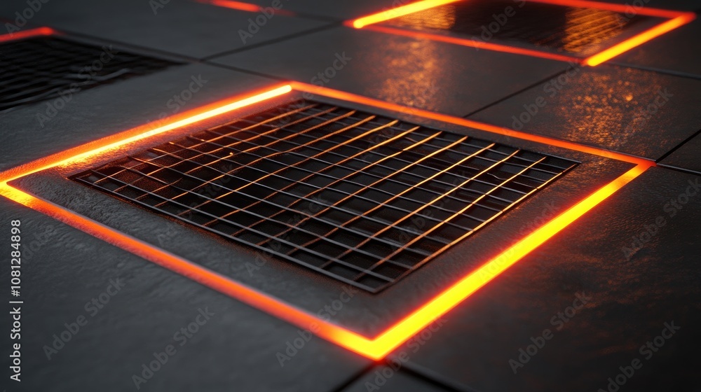 Poster abstract image of glowing grid floor with illuminated edges, showcasing a modern industrial design a