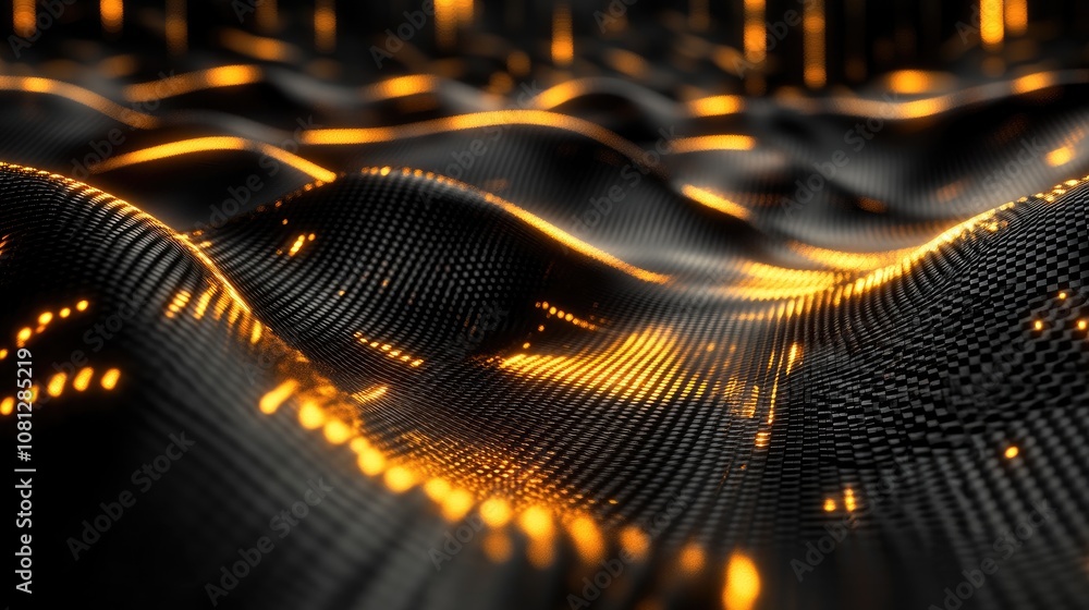 Poster abstract representation of flowing data with illuminated waves, featuring dynamic patterns and a pla