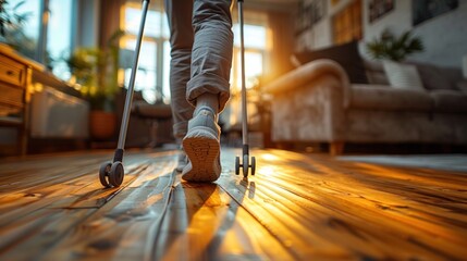 A person at home, using crutches to move around their living room, with their leg in a cast