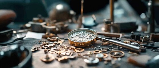 A detailed close-up of vintage clock gears and a magnifying glass on a workbench, showcasing intricate craftsmanship and timeless mechanics.