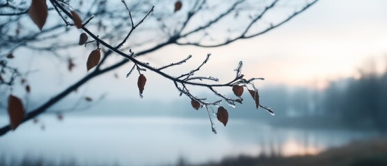 Dew-kissed branches stretch towards a foggy lake backdrop, each droplet reflecting the gentle light of dawn in a tranquil, misty morning setting.