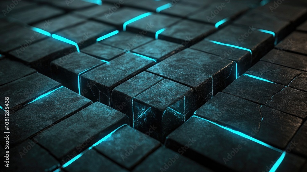 Aufkleber futuristic dark stone blocks with glowing blue lines creating a high-tech background for digital art