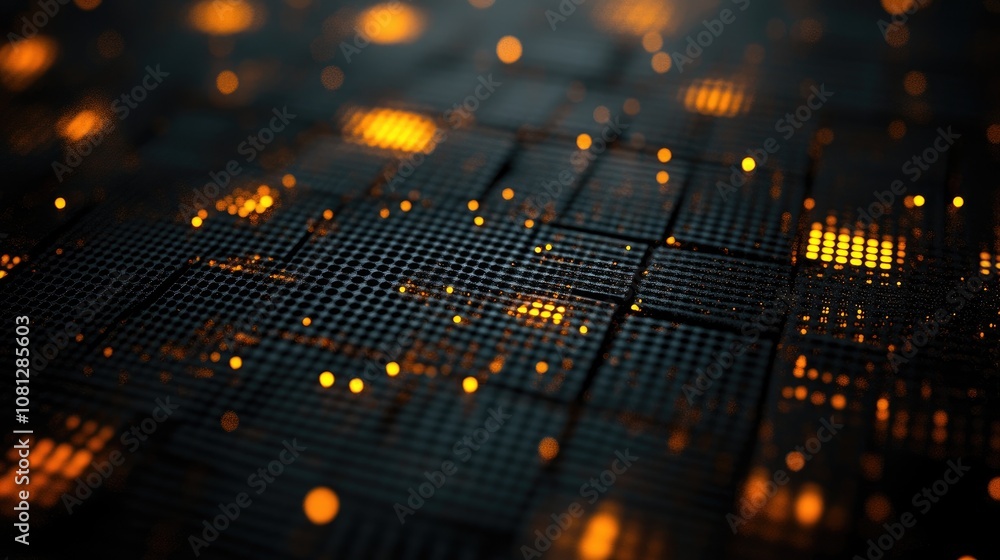 Poster abstract digital background with glowing particles and grids in bright yellow and black colors for f