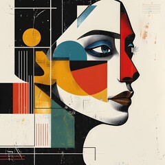 Trendy abstract image of woman in vintage minimalistic geometric elements