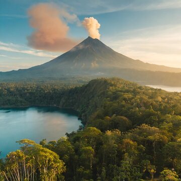 Magnificent Volcano Erupting in the Distance, Towering Over a Lush Tropical Forest and a Serene Lake, Captured at Sunrise for a Stunning Nature Landscape Scene