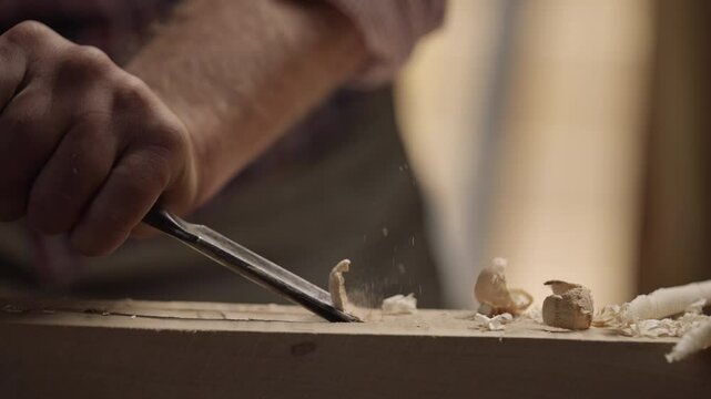 Close-up view of a piece of wooden board is getting chopped by the professional carpenter in slow-motion. Man using hammer and chisel