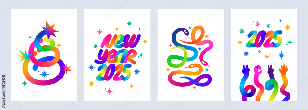 Poster set of colorful new year 2025 backgrounds. abstract posters with rainbow christmas tree, new year's 