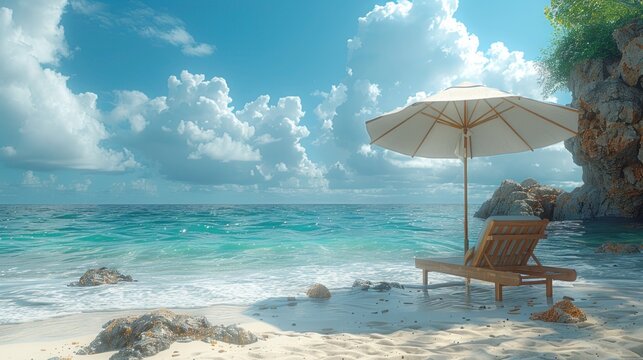 A peaceful beach scene with a lone beach chair and an umbrella, facing the ocean, perfect for a moment of solitude and reflection