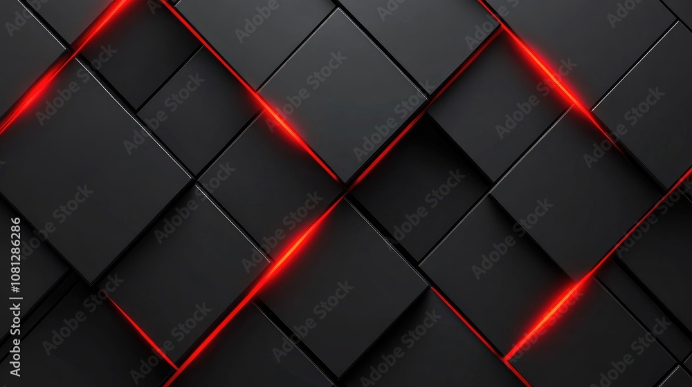 Poster modern abstract background with dimensional black blocks and glowing red lines for design and techno