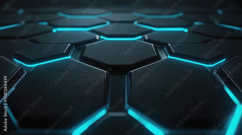 Poster futuristic hexagonal pattern with glowing blue lines on a dark background, perfect for technology, s