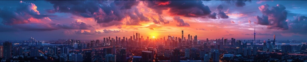 Panoramic sunset in an urban cityscape, with skyscrapers silhouetted against the colorful evening sky, showcasing the contrast between nature and city life