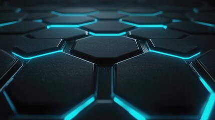Obraz premium Futuristic Hexagonal Pattern with Glowing Blue Lines on a Dark Background, Perfect for Technology, Science, and Innovation Themes in Digital Art and Design