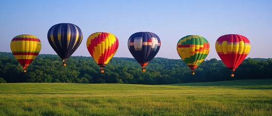 Fototapeta premium A row of vibrant hot air balloons drifts over lush green fields under a clear blue sky, capturing the spirit of adventure and freedom.