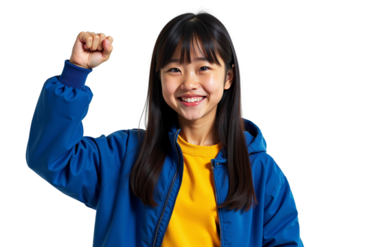 young teenage kid standing against a plain white background. He is smiling widely, showing his teeth, and his arms are raised in a victorious gesture.