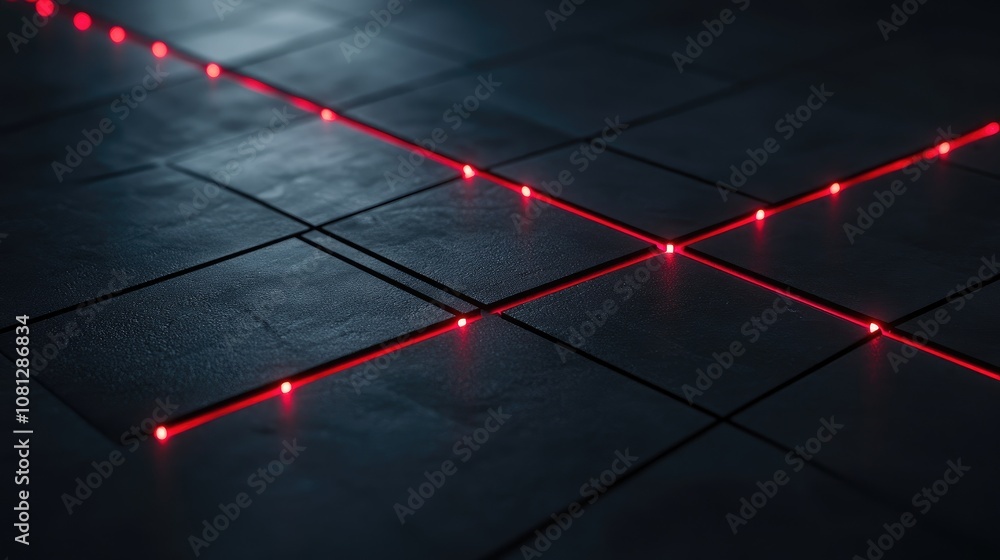 Poster red laser lines creating geometric patterns on dark floor tiles for modern design and technology con