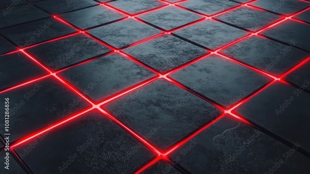 Poster futuristic floor design with illuminated red lines on dark tiles, creating a tech-inspired atmospher