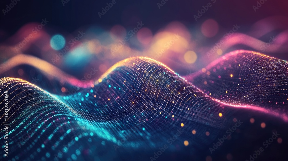 Poster vibrant abstract waves with glowing particles in a dynamic flowing pattern, representing motion, ene
