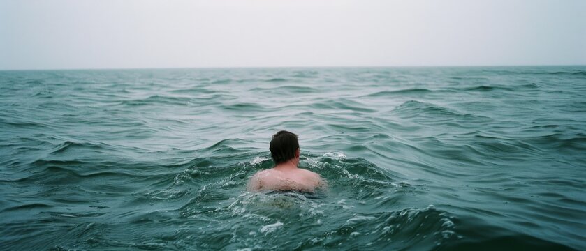 A lone swimmer faces the vast, tranquil sea under an overcast sky, evoking solitude and introspection.