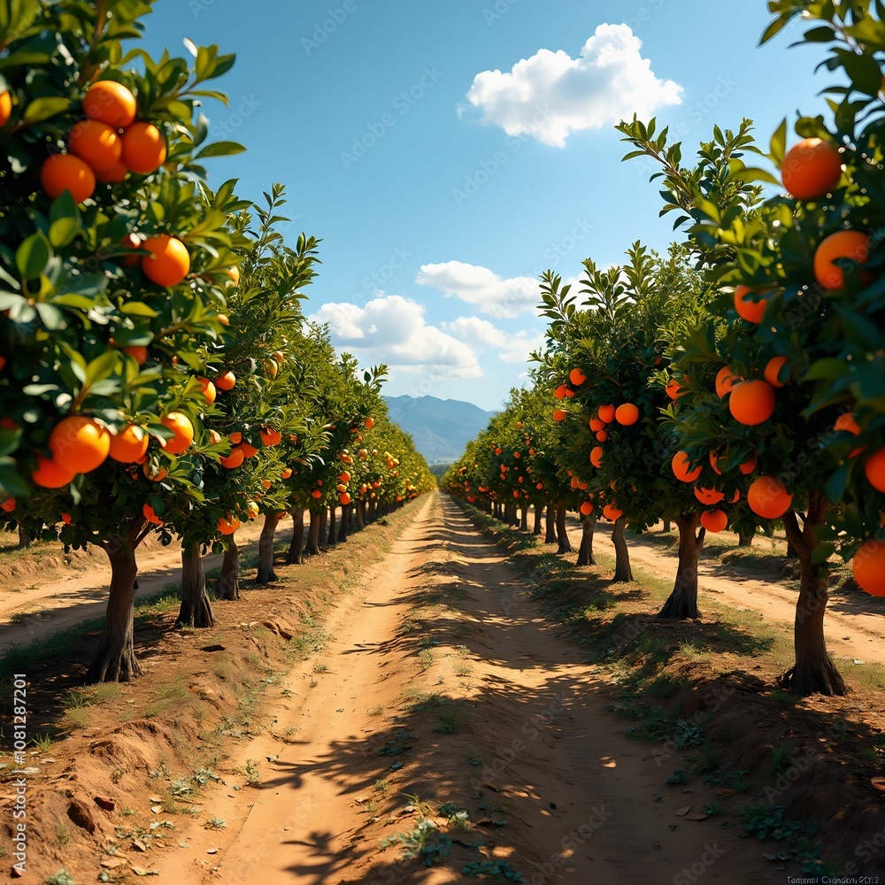 Poster sun-drenched rows of orange trees, laden with juicy fruit, stretch towards a distant mountain range.