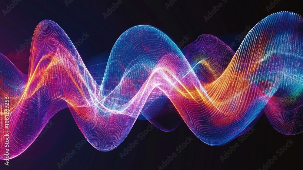 Poster colorful abstract wave patterns with light trails and digital effects for background use in technolo