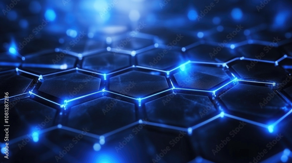 Poster futuristic abstract technology background with glowing blue light on hexagonal pattern, perfect for 
