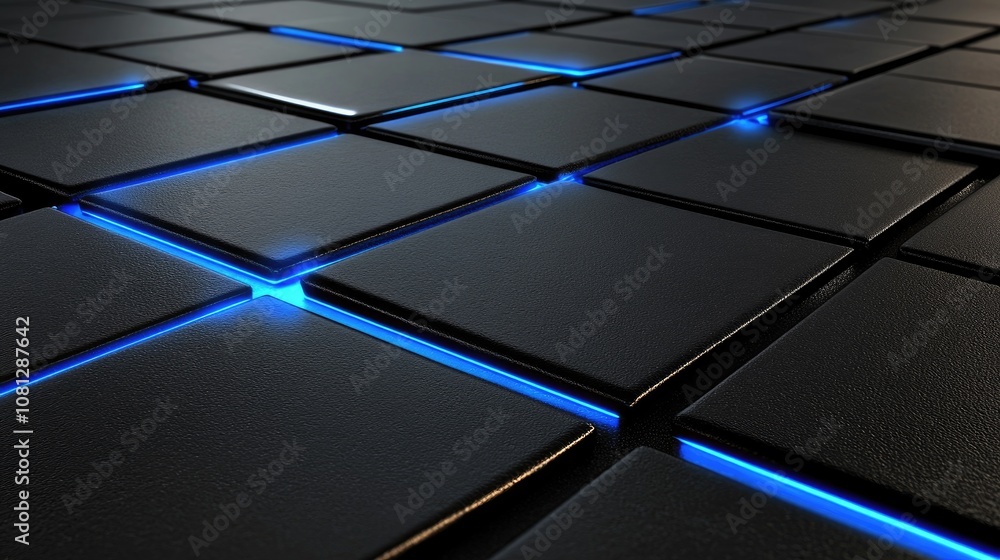 Poster abstract background of dark tiles with glowing blue lines creating a futuristic and sleek design sui
