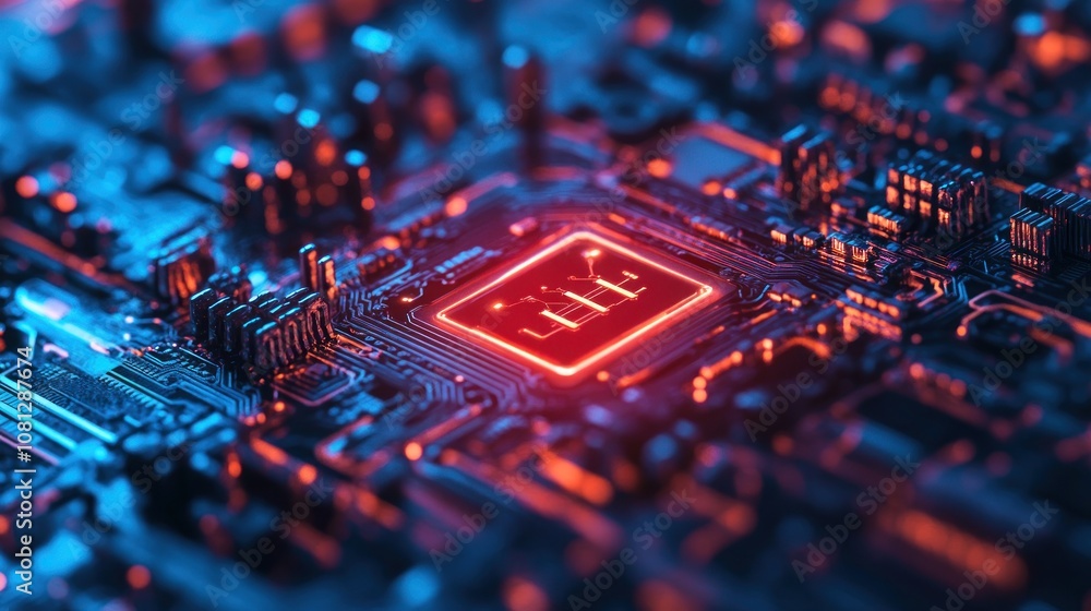 Poster a close-up view of a computer chip with red and blue neon lights.