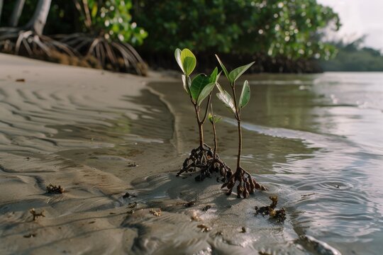 Young mangrove sprouts thrive along a tropical shoreline, caught in the gentle ripples of shallow waters and the embrace of lush green foliage.