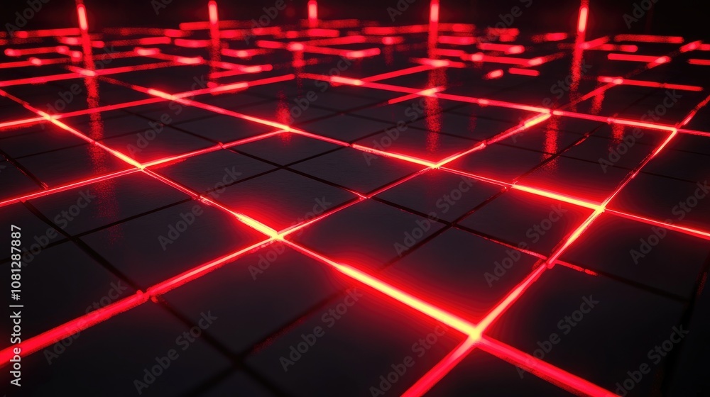 Poster abstract futuristic digital grid illuminated with red neon lights reflecting on a glossy surface, cr