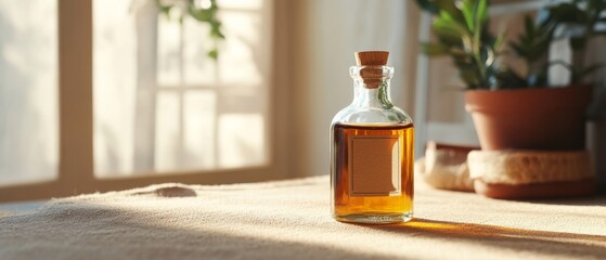 A quaint bottle of amber liquid basks in warm sunlight on a rustic table, evoking a sense of nostalgia and warmth.