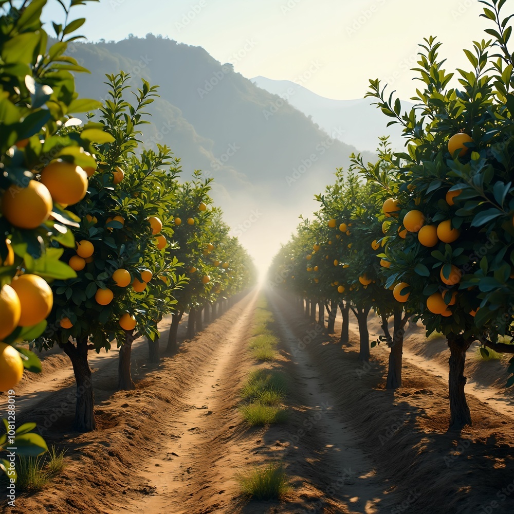 Poster sun-drenched rows of lemon trees, laden with juicy fruit, stretch towards a distant mountain range.