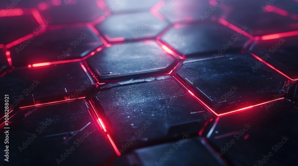 Poster abstract hexagonal pattern with glowing red neon lights on a dark metallic surface ideal for technol