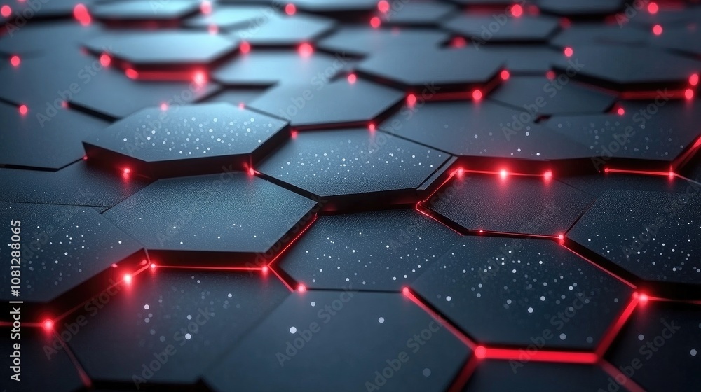 Poster futuristic hexagonal pattern with glowing red lights on a dark surface, ideal for technology, scienc