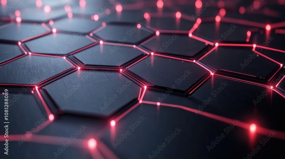 Poster Modern Technology Background with Neon Red Lines on a Hexagonal Patterned Surface Reflecting Futuristic Design and High-Tech Aesthetics Ideal for Digital and Graphic Projects