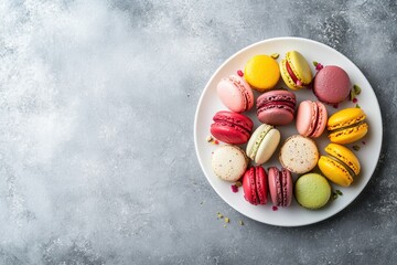 Plate of Colorful Macarons in Assorted Flavors Including Pistachio, Raspberry, and Vanilla, Neatly Arranged on a White Plate
