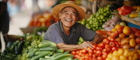 A joyful vendor beams while surrounded by an array of vibrant produce at a bustling market stall, with tomatoes and greens prominently displayed.