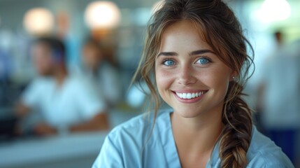A medical receptionist welcoming a patient at the front desk with a friendly smile