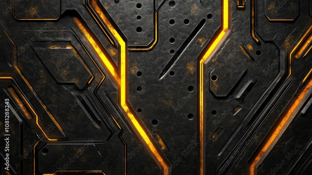 Poster metallic circuit background with illuminated lines and industrial texture for futuristic technology 