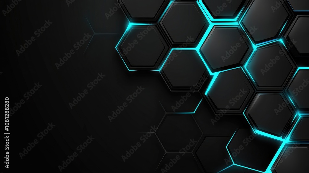 Aufkleber abstract hexagonal pattern with neon blue accents on black background for modern technology and digi