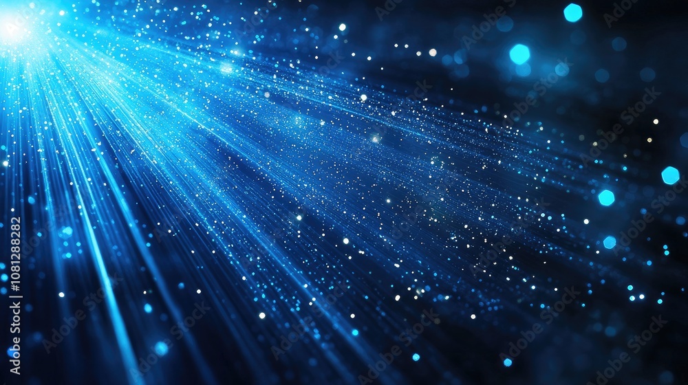 Poster stunning abstract light rays burst through dark background, creating a magical blue atmosphere with 