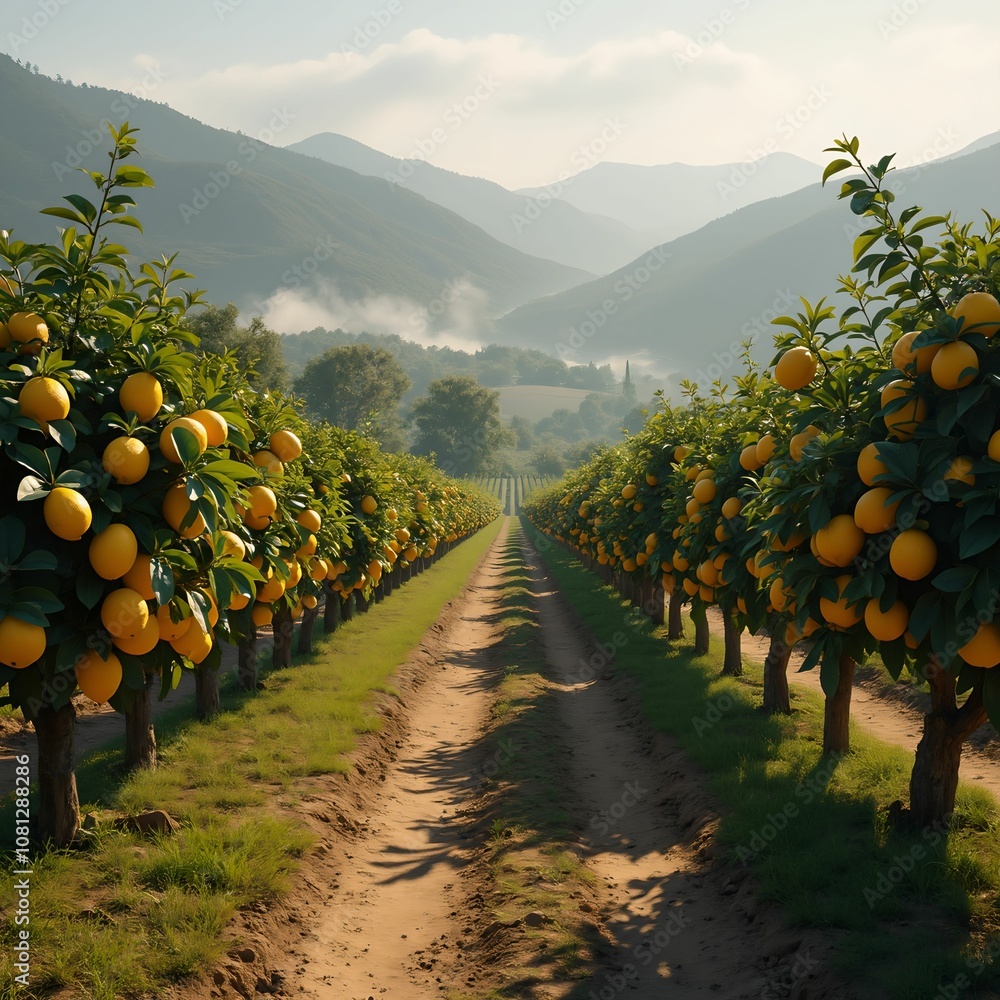 Poster sun-drenched rows of lemon trees, laden with juicy fruit, stretch towards a distant mountain range.