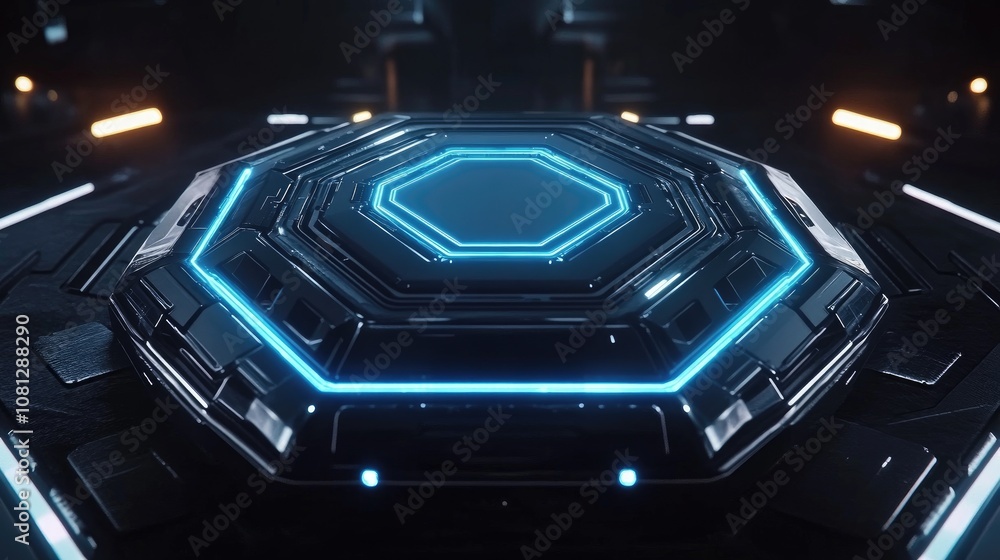 Poster futuristic blue hexagonal interface with glowing neon edges set against a dark background ideal for 